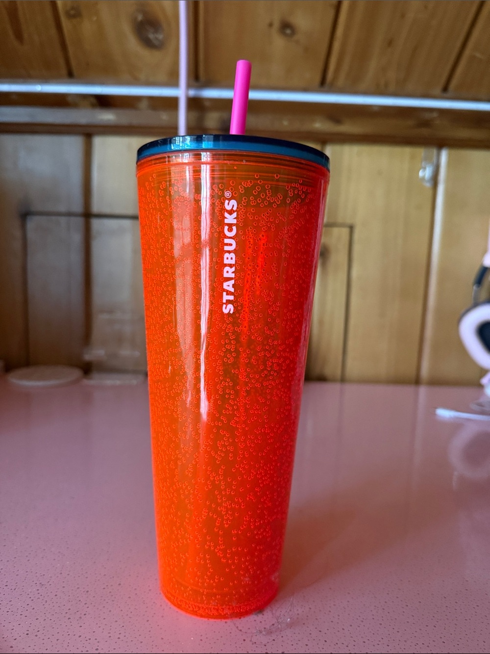 Starbucks Pink Straw Orange Bubble Tumbler - Reusable Cold Cup